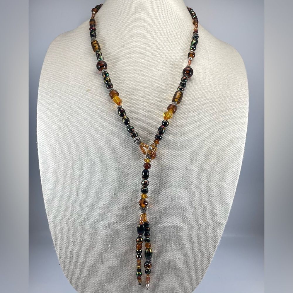 Stunning Necklace Yellow Green Black Glass Beaded Lariat Style Unsigned